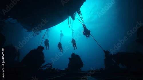 Military Divers Conduct Underwater Operation Beneath Hostile Ship Generative AI