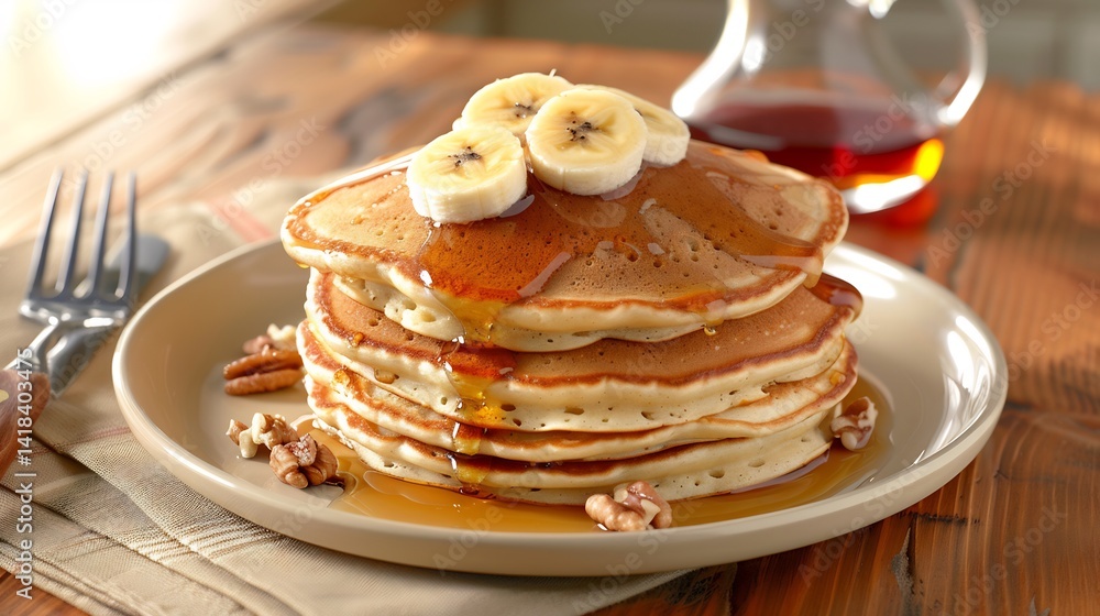 Triple stacked American pancakes banana slices walnuts and maple syrup on breakfast table Triple stacked American pancakes banana slices walnuts and maple syrup on breakfast table