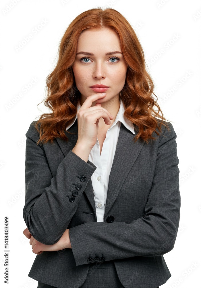 a beautiful woman is thinking about long term business strategy with her hand on her chin a beautiful woman is thinking about long term business strategy with her hand on her chin