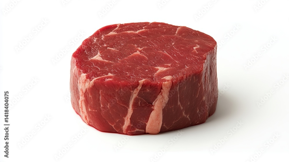 A single raw beef tenderloin steak cut isolated on a plain white surface ready for cooking and preparation A single raw beef tenderloin steak cut isolated on a plain white surface ready for cooking and preparation