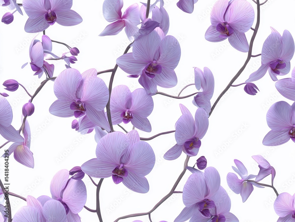 Elegant soft purple orchids blossoms gracefully intertwine, creating a tranquil scene of natural beauty and delicate floral design. Elegant soft purple orchids blossoms gracefully intertwine, creating a tranquil scene of natural beauty and delicate floral design.