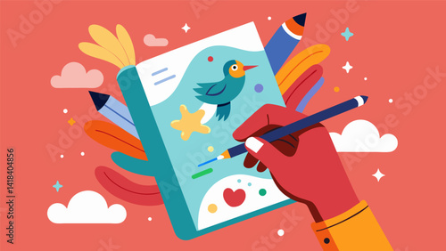 A talented artist handillustrates a whimsical design on the cover of a journal adding a playful touch to its overall look.. Vector illustration