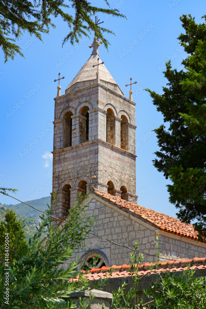 Reževići Monastery in Montenegro - Church of the Dormition of the Mother of God of the Serbian orthodox church near Budva and the Adriatic Sea
