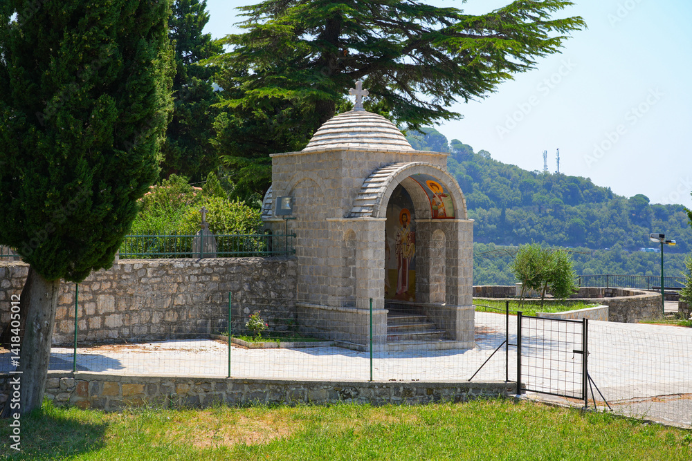 Gatehouse of the Reževići Monastery in Montenegro - Serbian orthodox monastery near Budva and the Adriatic Sea