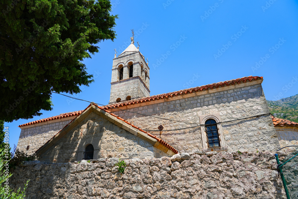 Reževići Monastery in Montenegro - Church of the Dormition of the Mother of God of the Serbian orthodox church near Budva and the Adriatic Sea
