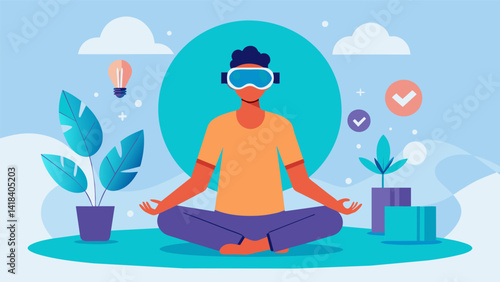 In a virtual reality environment a patient is able to participate in a guided meditation and mindfulness practice providing a holistic approach to. Vector illustration