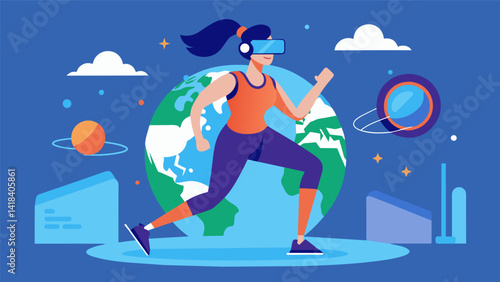 Join the global craze and compete against virtual avatars in a monthlong fitness challenge using tingedge VR technology.. Vector illustration