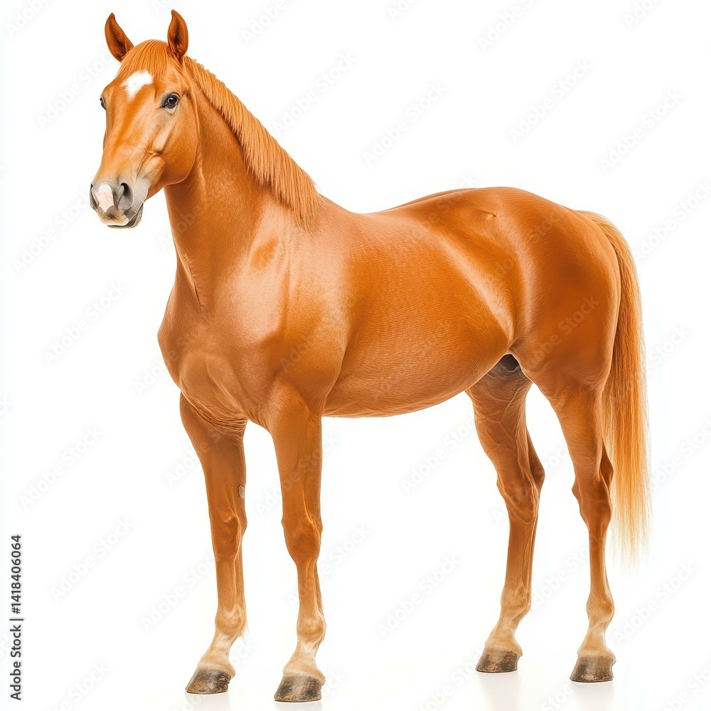 Fototapeta premium A majestic horse stands proudly against a clean white backdrop, showcasing its grace and strength in every detail.