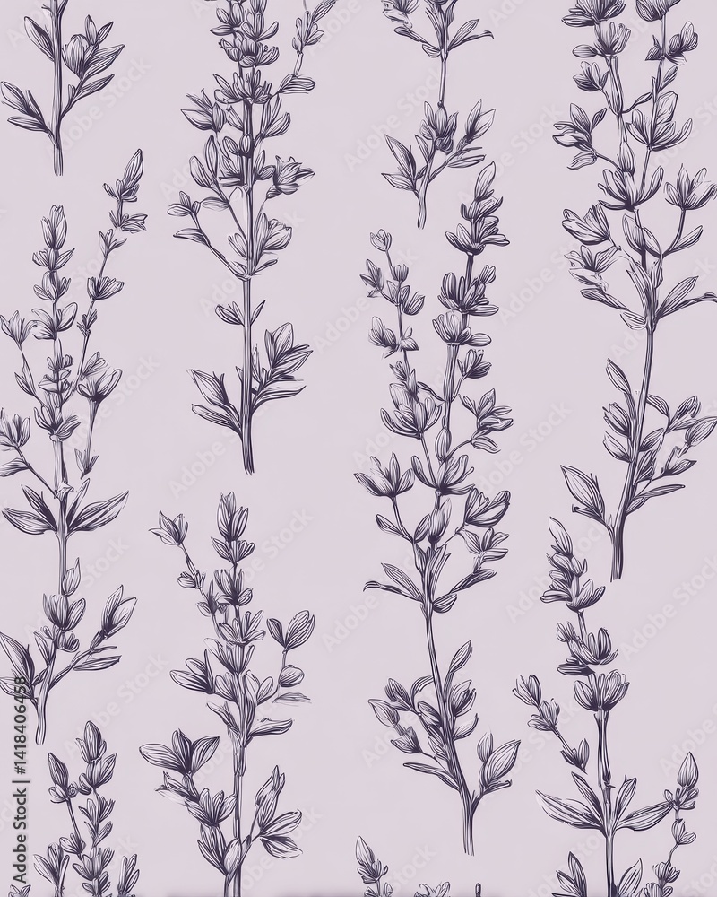 Botanical pattern with hand-drawn herbs on a light background, perfect for nature-inspired designs and elegant textiles or wallpapers.