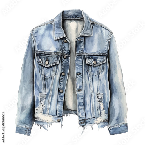 Casual Denim Jacket With Frayed Edges, watercolor vector, isolated on a white background.