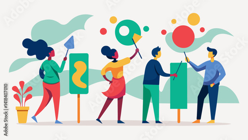A series of interactive paintings that allow visitors to add their own marks and colors symbolizing personal expression and the power of. Vector illustration