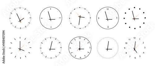 Сlock icon vector. Different types of clocks. Collection of clock designs showing various styles, times, and arrangements in a simple layout