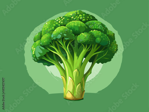 A professional vector of vibrant green broccoli with realistic shading and organic shape, placed on a solid light green background