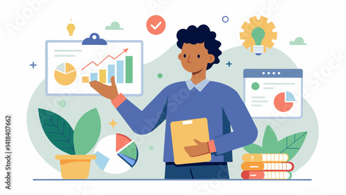 A camper confidently presenting a business plan for a social entrepreneurship project promoting innovative and sustainable ideas for creating positive. Vector illustration