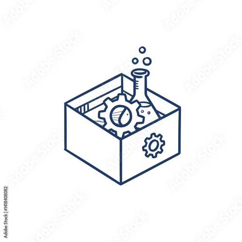Sandbox Environment Vector Icon. Open box with a flask and gears, isolated testing space, isolated sketch for software development, cybersecurity, IT experimentation