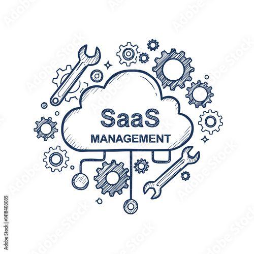 SaaS Management Vector Icon. Cloud with "SaaS Management" text surrounded by gears and wrenches, software as a service control, isolated sketch for IT administration, cloud services, application manag