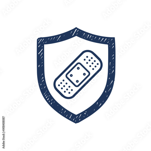 Security Patch Vector Icon. Shield with an adhesive bandage, fixing software vulnerabilities, isolated sketch for cybersecurity, updates, system maintenance