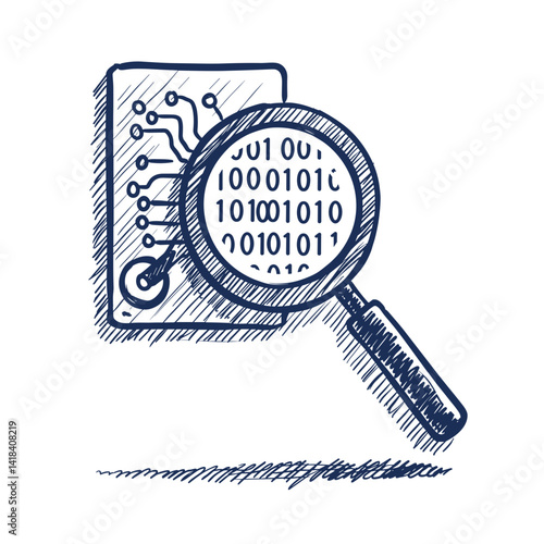 Digital Forensics Vector Icon. Magnifying glass over binary code and circuit board, cybercrime investigation, isolated sketch for data recovery, legal technology, IT security