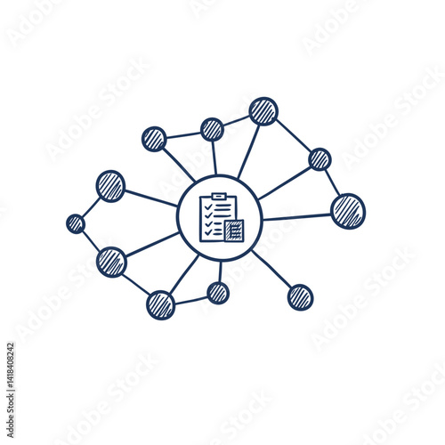 Distributed Ledger Technology Icon. Sketch of interconnected nodes with document in center, vector illustration for blockchain, decentralized records, secure transactions