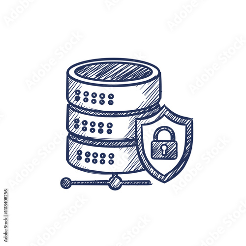 DNS Security Vector Icon. Server tower with shield and padlock, domain name system protection, isolated sketch for network safety