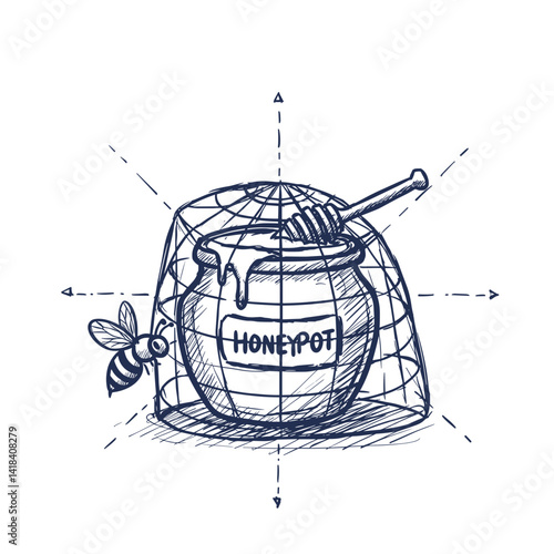 Honeypot Security System Vector Icon. Jar of honey with a bee under a net, cyber deception strategy, isolated illustration for network defense, threat detection, IT security