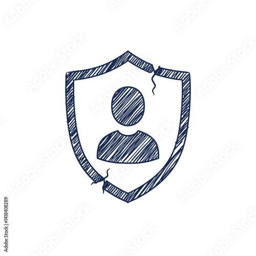 Insider Threat Vector Icon. Person silhouette behind a damaged shield, internal security risk, isolated sketch for cybersecurity, data breach prevention, IT