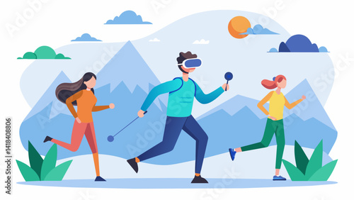 A VR therapy session that takes users on a virtual hike encouraging them to move and engage in physical activity at their own pace.. Vector illustration