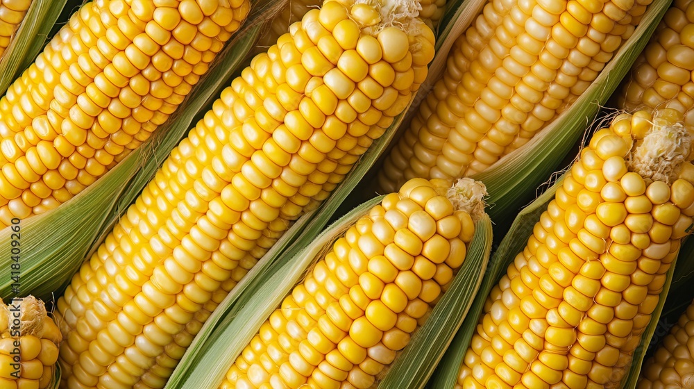 Close up shot of several ears of corn with green husks showing their yellow kernels in a pattern Close up shot of several ears of corn with green husks showing their yellow kernels in a pattern