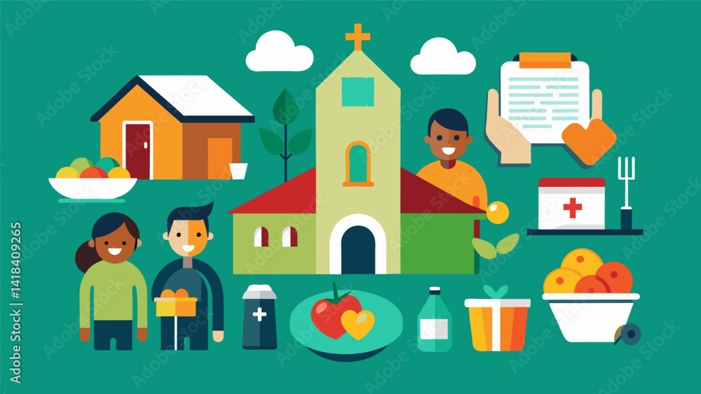 A section dedicated to displaying the various community service projects the church is involved in such as volunteering at local shelters or. Vector illustration