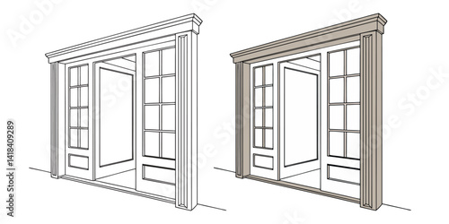 An open white door, seemingly a portal from an empty room of a house, stands isolated against a stark white wall, suggesting entrance or exit through its wooden frame