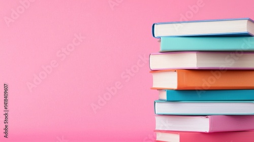 Stack of colorful books against a pink background