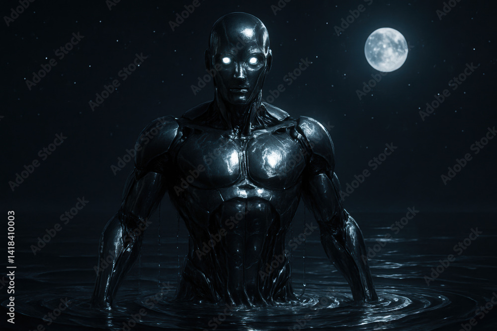 Fototapeta premium Lunar Ascension, android Emerging Under a Starry Sky