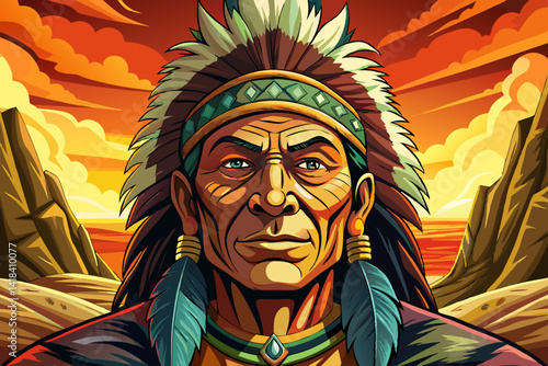 Portrait vector of Native American Indian Apache at sunset time, amazing Feather Headdress 