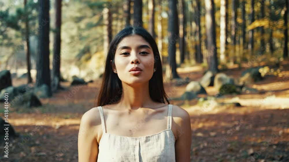 Attractive woman pouting, standing in forest with tall trees and sunlight on her skin. Brunette portrait surrounded by natural background. Attractive woman pouting, standing in forest with tall trees and sunlight on her skin. Brunette portrait surrounded by natural background.