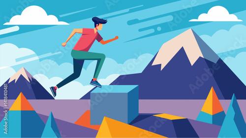 A user experiencing the challenge of a mountainous virtual obstacle course using parkour techniques to overcome natural terrain and obstacles for a. Vector illustration