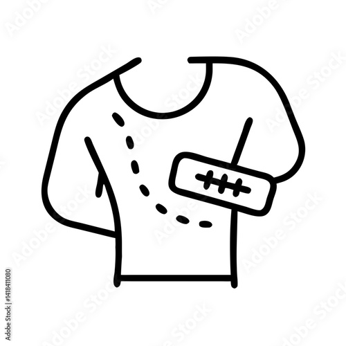 Minimalist black line icon of a person with surgical bandage on chest and incision marks, symbol of surgery, recovery or medical treatment on white background
