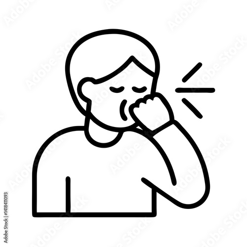 Minimalist black line icon of a sick person coughing into fist, symbol of cold, flu, respiratory infection or health symptoms on white background