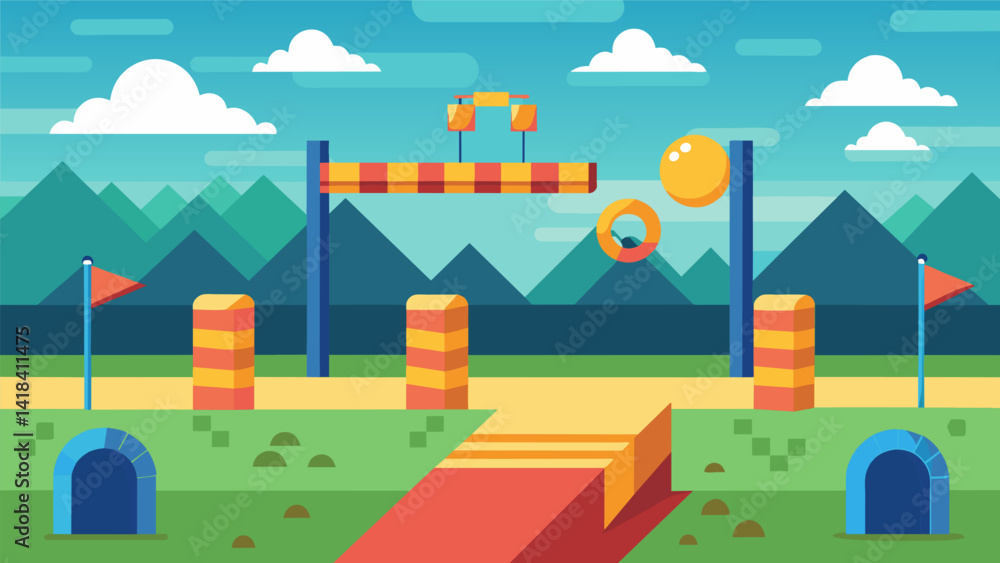 A virtual obstacle course that changes dynamically as players progress with obstacles appearing and disappearing based on the players performance.. Vector illustration A virtual obstacle course that changes dynamically as players progress with obstacles appearing and disappearing based on the players performance.. Vector illustration