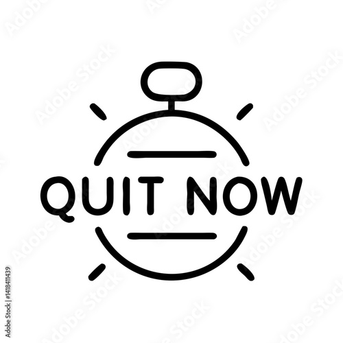 Minimalist black line icon of stopwatch with bold text "Quit Now", symbol of quitting smoking, addiction, bad habits or starting a healthy life