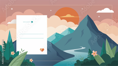 A postcard with a stunning photograph of a peaceful mountainside reflecting the senders wishes for calm and serenity in the recipients life inserted. Vector illustration