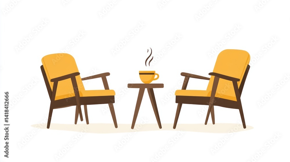 Comfortable Seating Arrangement with Coffee Table and Steaming Beverage for Relaxation and Conv Comfortable Seating Arrangement with Coffee Table and Steaming Beverage for Relaxation and Conv