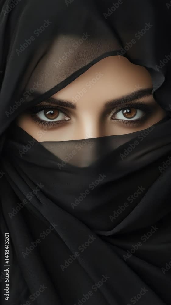 Alluring woman with face covered by a veil, revealing captivating eyes. Arabic royalty, queen, princess, or sorceress concept. Female wearing Niqab, Burqa, Hijab, Chador Alluring woman with face covered by a veil, revealing captivating eyes. Arabic royalty, queen, princess, or sorceress concept. Female wearing Niqab, Burqa, Hijab, Chador