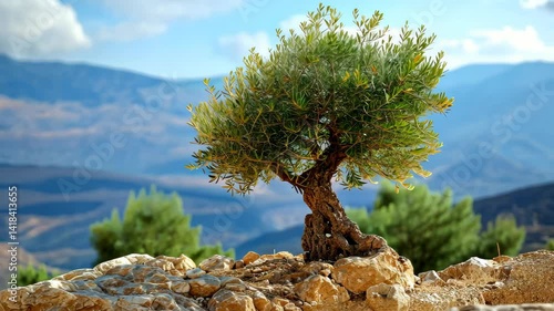 Resilient olive tree thrives on rocky terrain against the backdrop of Palestine, symbolizing endurance and resilience. Ai Generated