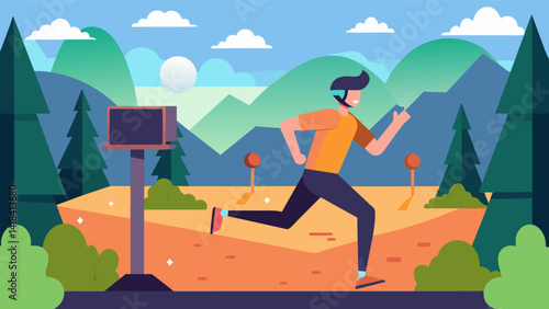 As the virtual race heats up the runner pushes through a virtual park dodging trees and hopping over rocks in a scenic and challenging portion of the. Vector illustration
