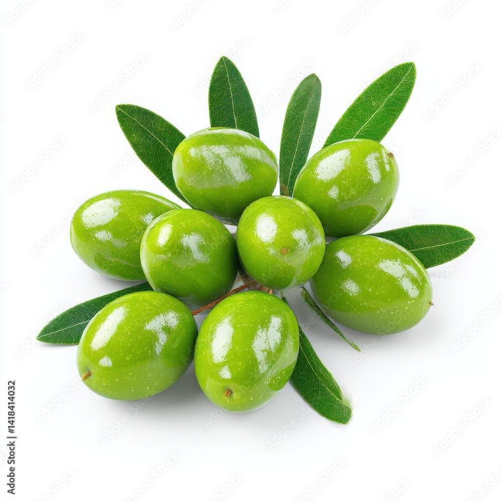 Obraz premium Green olives with leaves still life isolated on white background