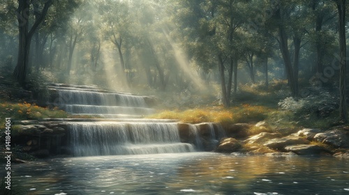 Enchanting Forest Waterfall Illuminated by Sunbeams Through Trees Serene Nature Scene with Cas