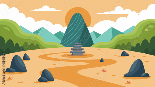 A zen garden featuring peaceful rock formations and a carefully raked gravel path ideal for meditation and mindfulness exercises.. Vector illustration
