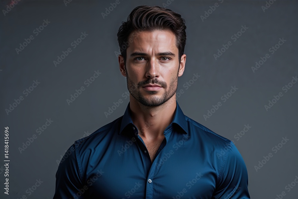 Fototapeta premium Sophisticated Businessman in Dark Azure Shirt Against a Gray Background