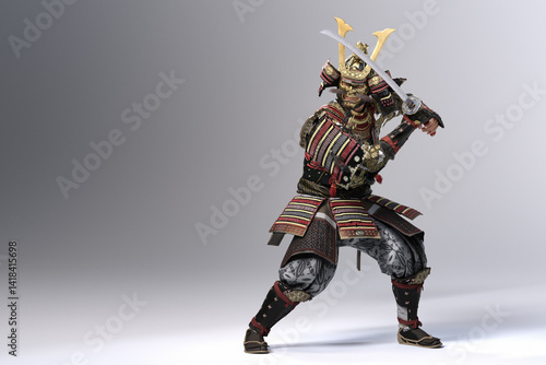 Full body of a traditional warrior holding a katana. 3d illustration.