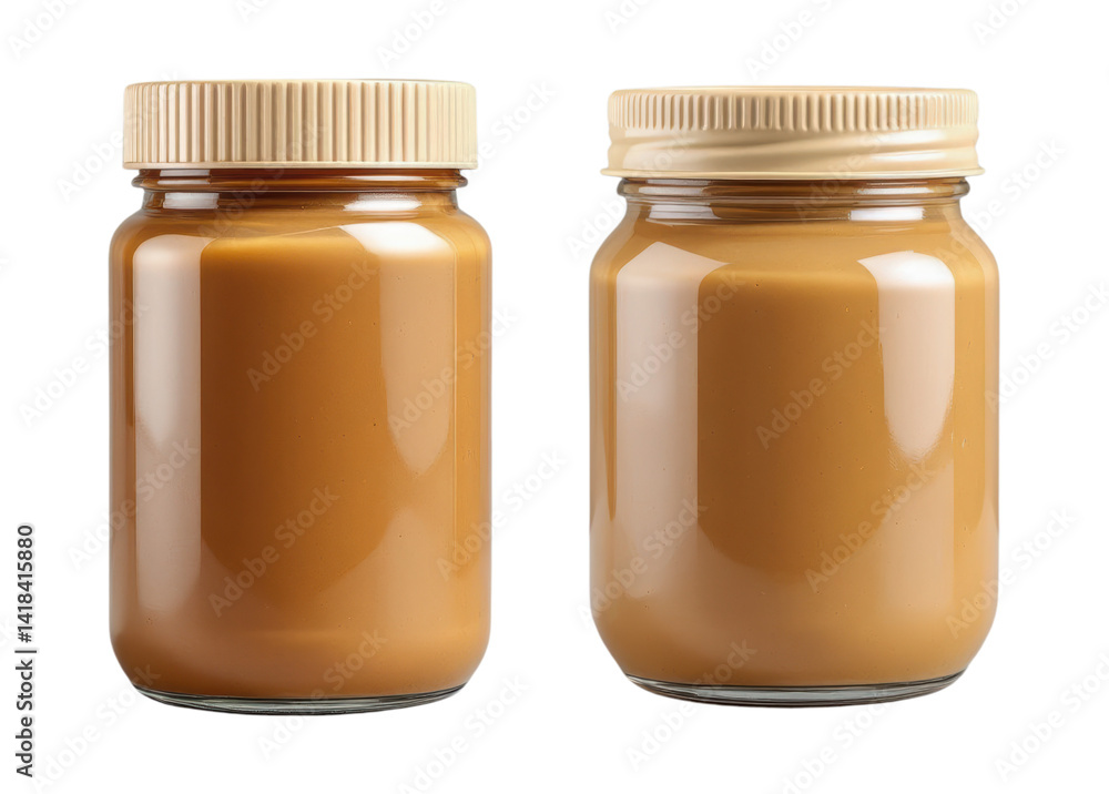 Two Glass Jars of Creamy Smooth Peanut Butter with White Plastic Screw Caps Isolated on Transparent and White Background Two Glass Jars of Creamy Smooth Peanut Butter with White Plastic Screw Caps Isolated on Transparent and White Background